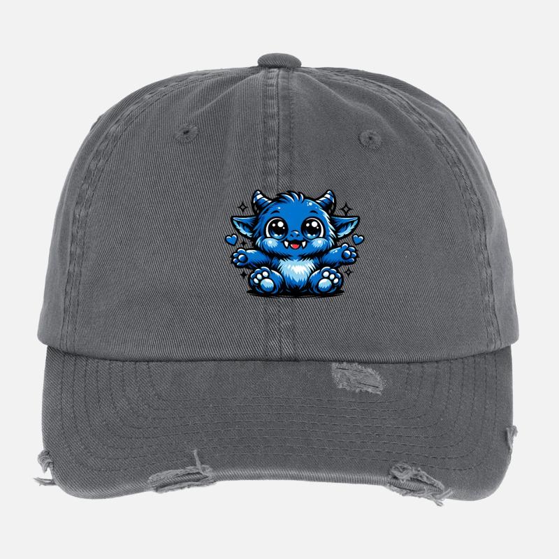 Blue Cuddly Dragon Comic Style Flexfit Vintage Destroyed Cap