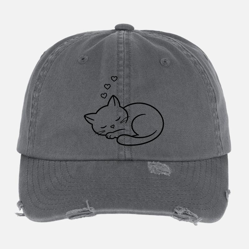 Sleeping Cat with Hearts | Cute Love Line Art Flexfit Vintage Destroyed Cap