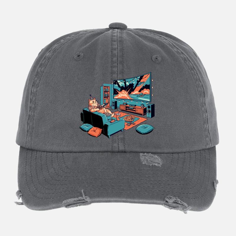Thick Sofa Cat Chips TV Cinema Evening Cat Motif Flexfit Vintage Destroyed Cap