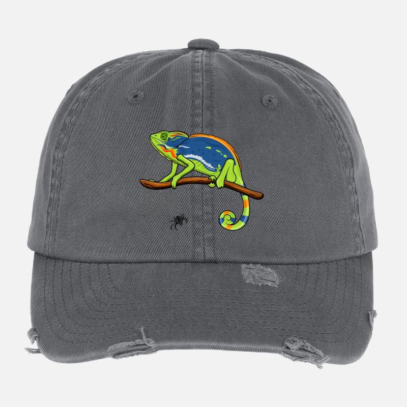 Chameleon On Branch with Spider Web Flexfit Vintage Destroyed Cap