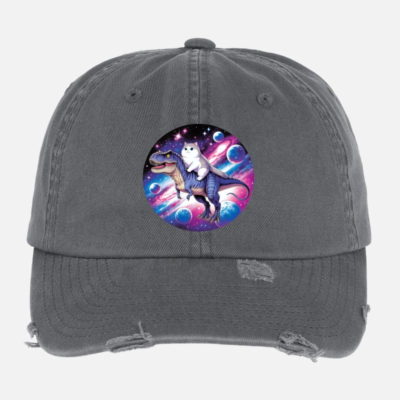 Kosmos-Tierreiter: Katze auf Dino Flexfit Vintage Destroyed Cap