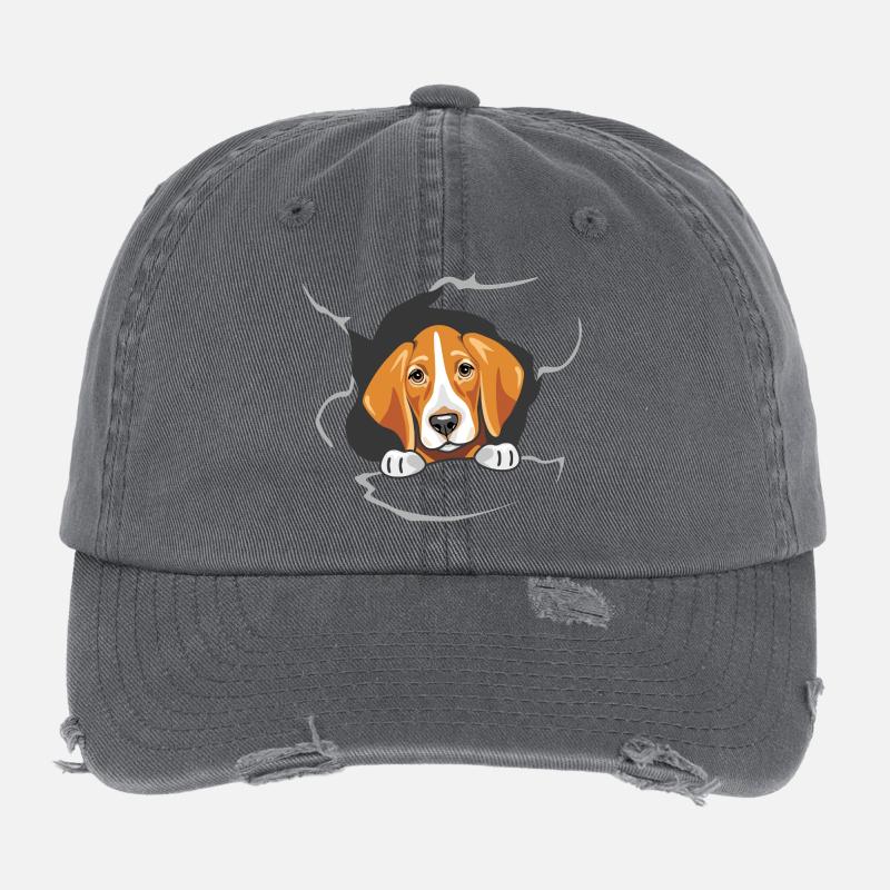 Un foxhound jette un coup d’œil à travers le papier déchiré Casquette vintage effet usé Flexfit
