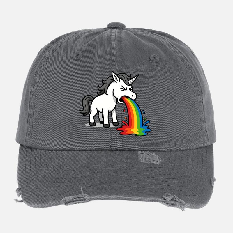 Puking Unicorn – Funny Rainbow Design Flexfit Vintage Destroyed Cap