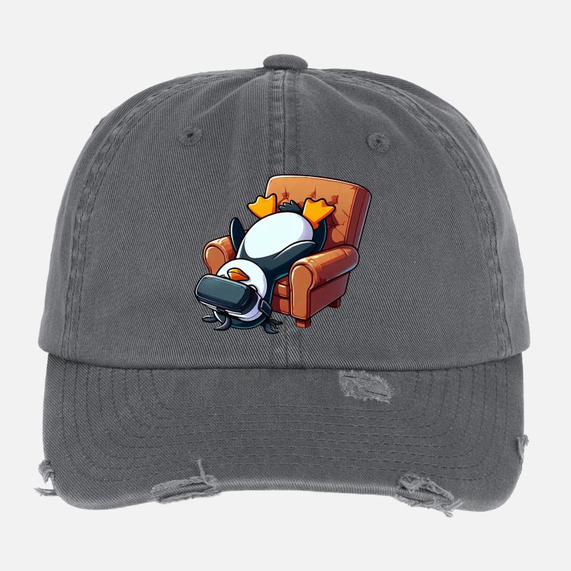 Lustiger Pinguin VR Gaming Zocker Nerd Sessel Flexfit Vintage Destroyed Cap