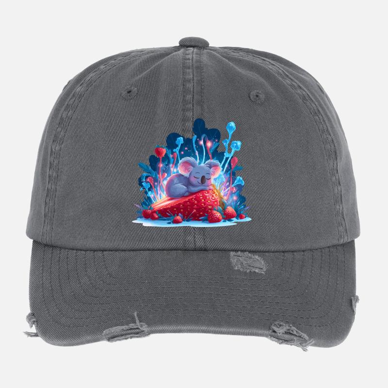 Sleeping koala on strawberry neon forest Flexfit Vintage Destroyed Cap