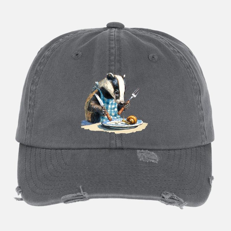 Dachs am Tisch mit Schnecke Flexfit Vintage Destroyed Cap