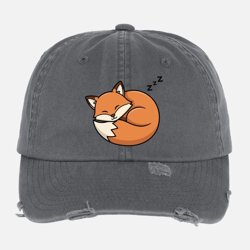 Sleeping Fox Cartoon Flexfit Vintage Destroyed Cap
