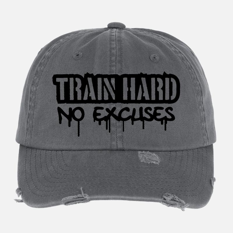 Train Hard No Excuses Logo Flexfit Vintage Destroyed Cap
