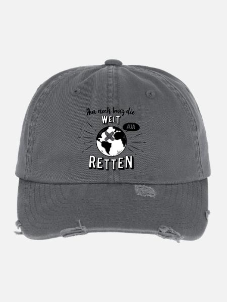 Nur noch kurz die Welt retten - Flexfit Vintage Destroyed Cap - Dunkelgrau - Vorne