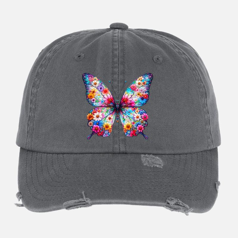 Schmetterling mit Blumen verziert Flexfit Vintage Destroyed Cap