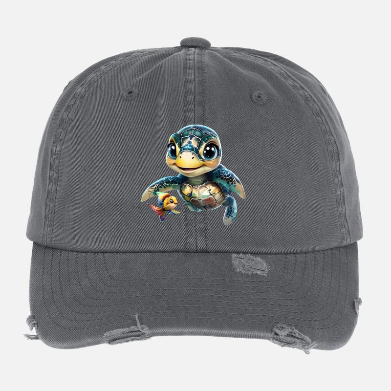 Animated Sea Turtle with Goldfish Flexfit Vintage Destroyed Cap