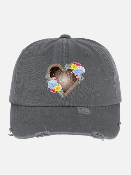 Nid d’oiseau en forme de cœur avec des fleurs printanières - Casquette vintage effet usé Flexfit - charbon - Devant