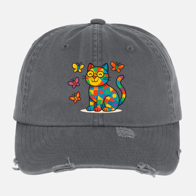 Chat patchwork et papillons Casquette vintage effet usé Flexfit