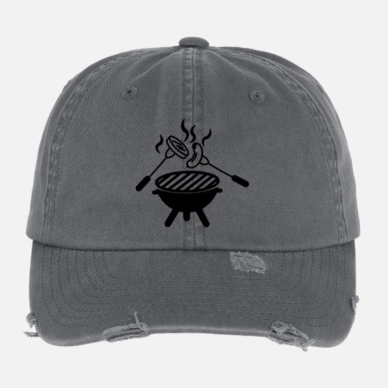 BBQ-Grill darüber Gabeln mit Wurst Flexfit Vintage Destroyed Cap