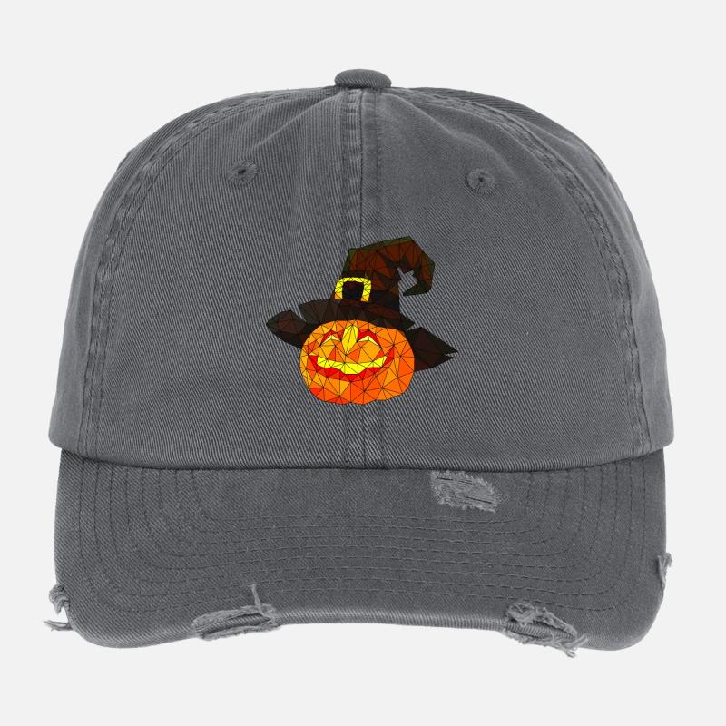 Polygonal Halloween Pumpkin Triangular Poly Art Flexfit Vintage Destroyed Cap