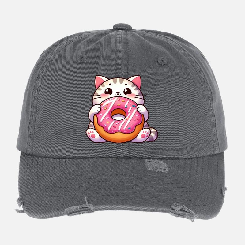 Chat mignon avec dessert beignet dent sucrée Casquette vintage effet usé Flexfit