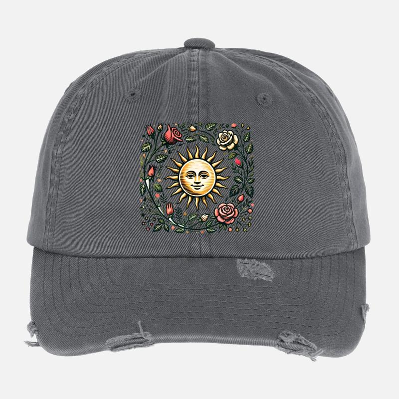 Sun and Floral Botanical Illustration Flexfit Vintage Destroyed Cap