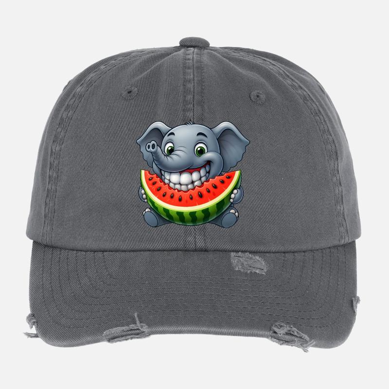 Cheerful elephant with melon fruit summer grin Flexfit Vintage Destroyed Cap