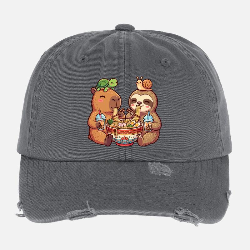 Ramen Noodle Buddies Capybara and Sloth Flexfit Vintage Destroyed Cap