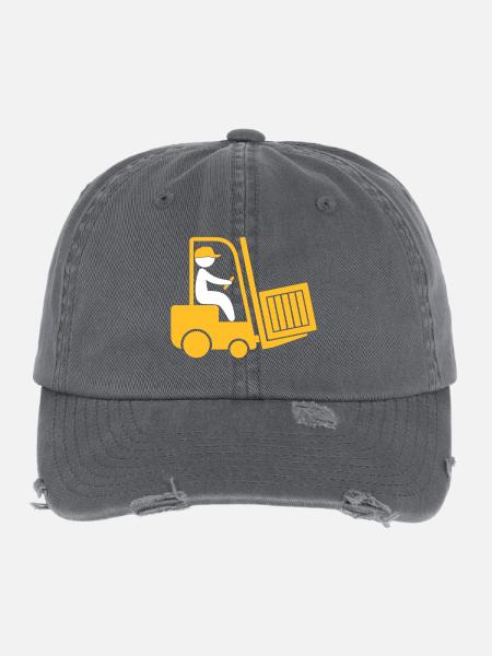 Ein Gabelstapler, der eine Schachtel transportiert - Flexfit Vintage Destroyed Cap - Dunkelgrau - Vorne