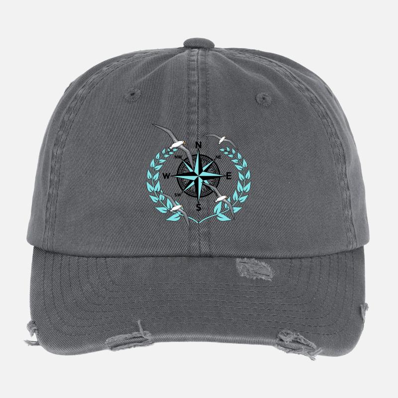 Compass Wind Rose Seagulls Nautical Maritime Seafaring Flexfit Vintage Destroyed Cap