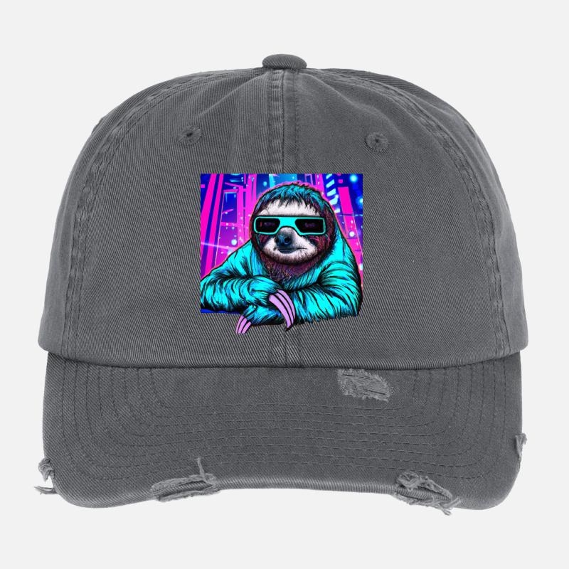 Retrowave Sloth - Peinture Ukiyo-e Casquette vintage effet usé Flexfit