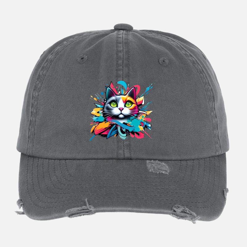 bunte Katze gestaltet im Comic Graffiti Stil Flexfit Vintage Destroyed Cap