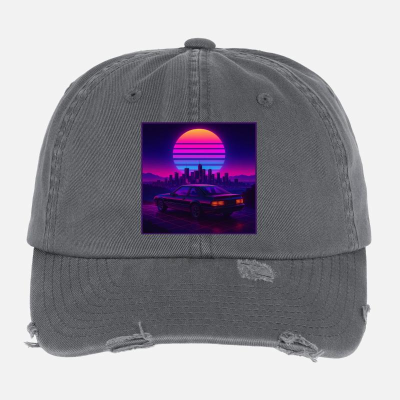 Neon Outrun Sunset Car – Synthwave rétro Casquette vintage effet usé Flexfit
