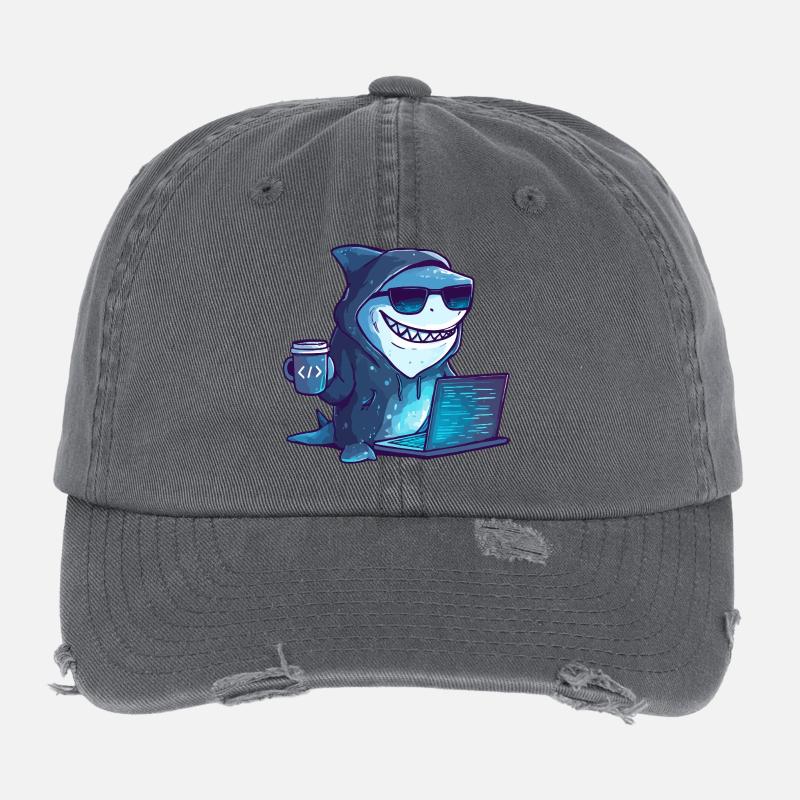 Cyber Shark Hacker Design Flexfit Vintage Destroyed Cap