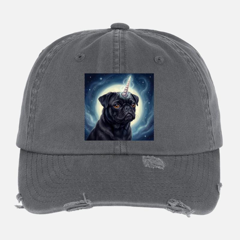 Kosmischer Einhorn-Mops Flexfit Vintage Destroyed Cap