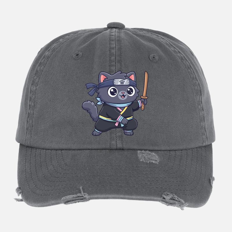 Ninja cat in samurai outfit Flexfit Vintage Destroyed Cap