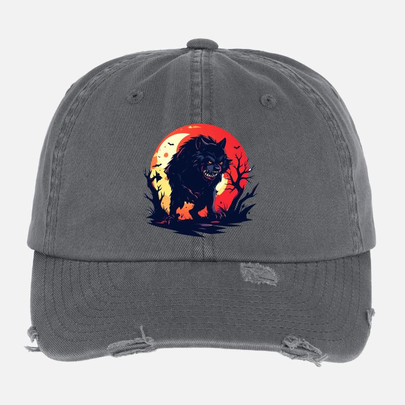 böser Mondwolf Werwolf im düsteren Mondschein Flexfit Vintage Destroyed Cap