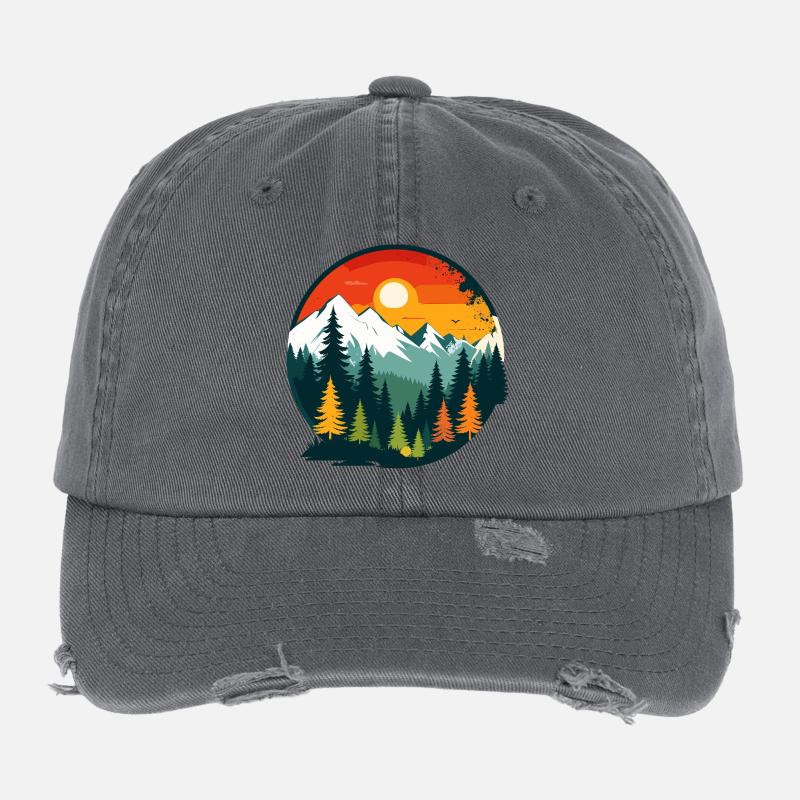 Mountains Forest Mountains Panoramic View Nature Circle Motif Flexfit Vintage Destroyed Cap