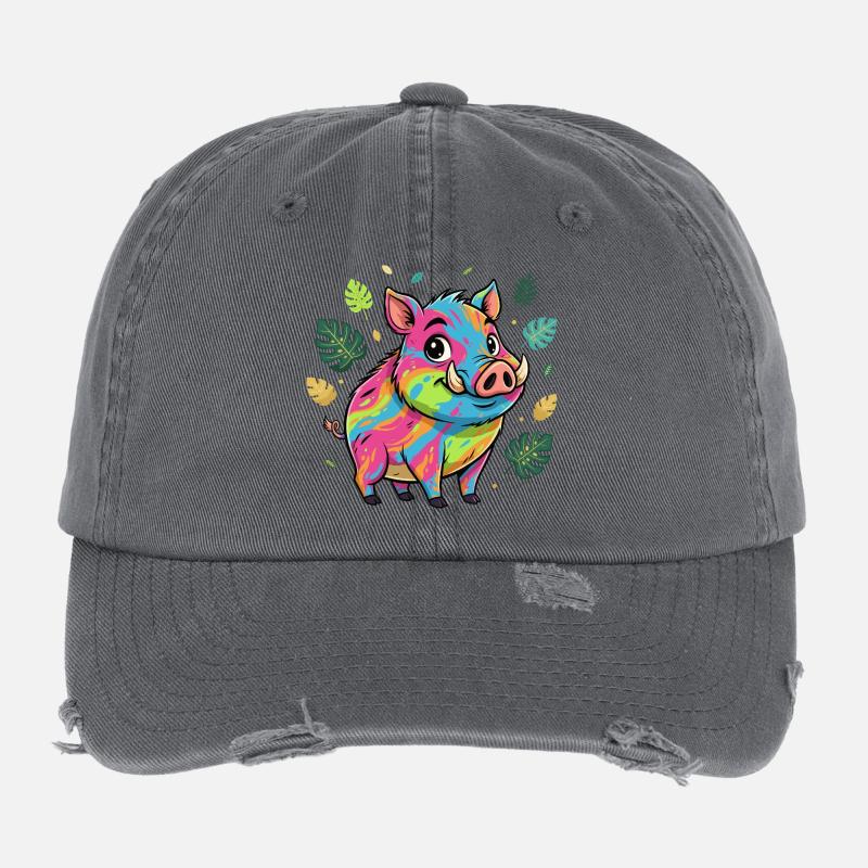 Regenbogen Schwein mit Herbstlaub Flexfit Vintage Destroyed Cap