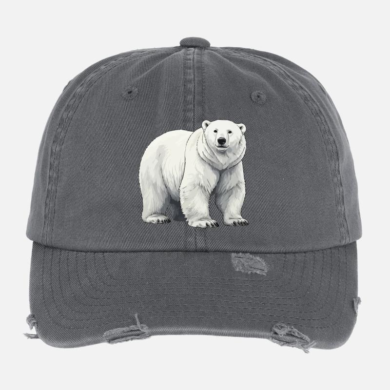 Polar Bear Illustration Grayscale Flexfit Vintage Destroyed Cap