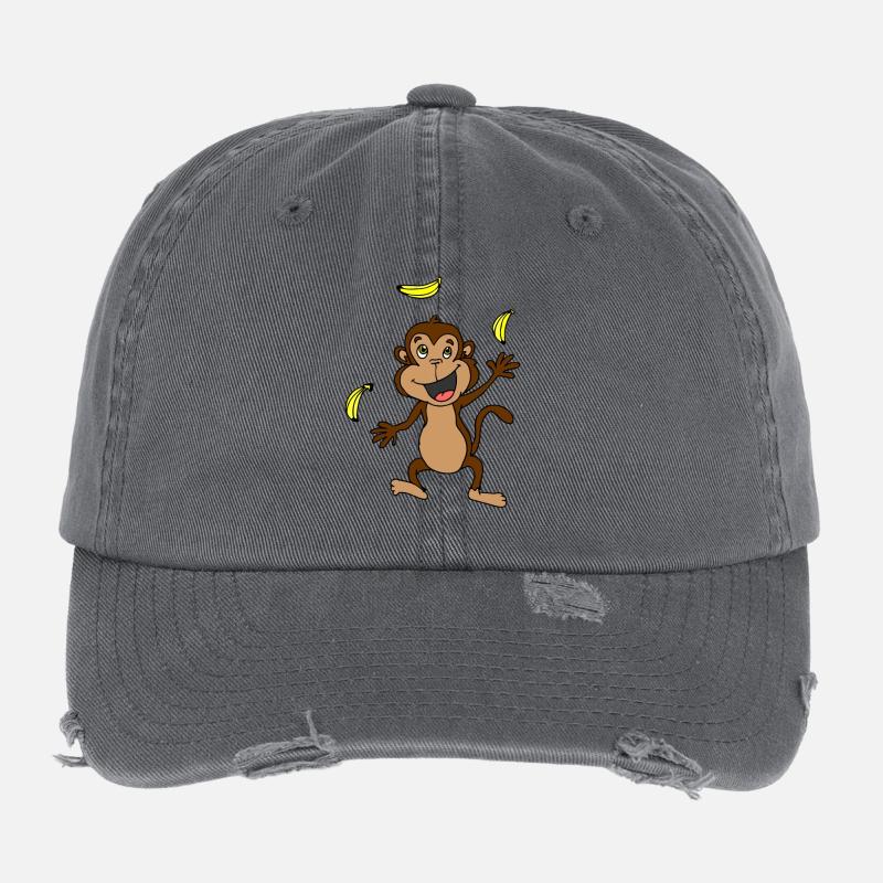 Animal motif monkey juggles with bananas Flexfit Vintage Destroyed Cap