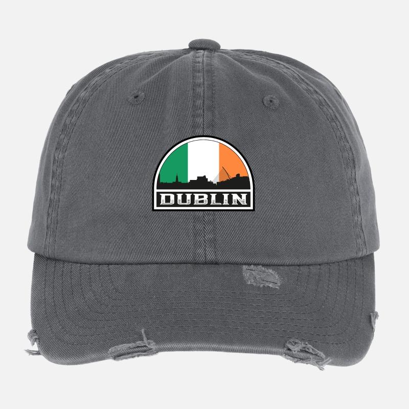 Dublin Ireland Skyline Silhouette Irish Flag Trave Flexfit Vintage Destroyed Cap