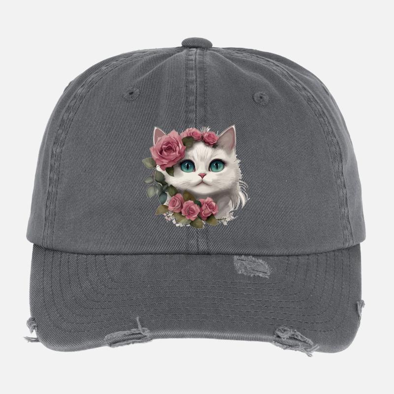 Chat blanc mignon avec de grands yeux Casquette vintage effet usé Flexfit