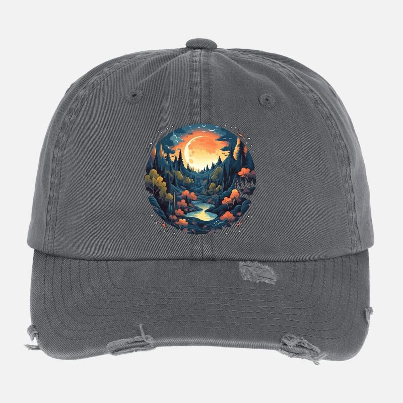 Surreale Wald Landschaft bei Nacht Flexfit Vintage Destroyed Cap