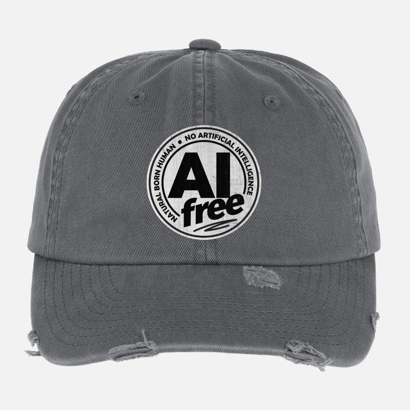 AI Free - No Artificial Intelligence - Flexfit Vintage Destroyed Cap - dark grey