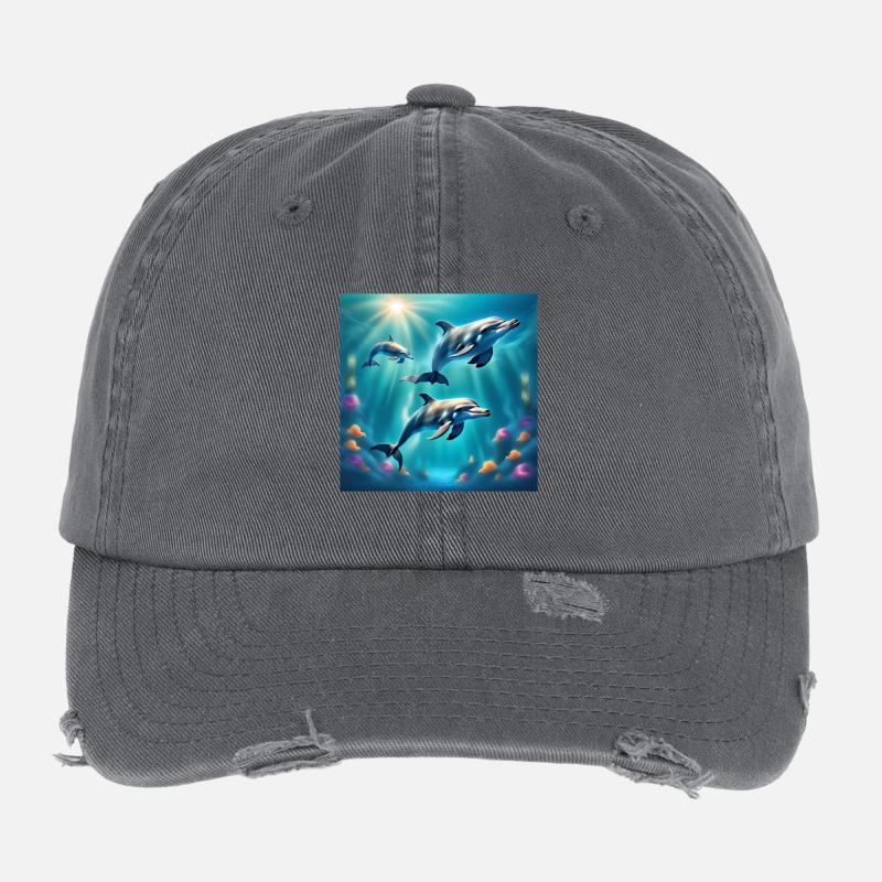 Delfin-Poster, Delfine, Meeresboden - Flexfit Vintage Destroyed Cap - Dunkelgrau