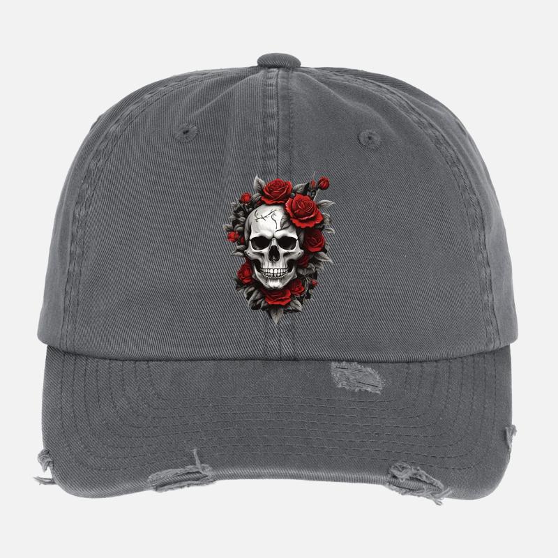 Schädel mit roten Rosen - Flexfit Vintage Destroyed Cap - Dunkelgrau