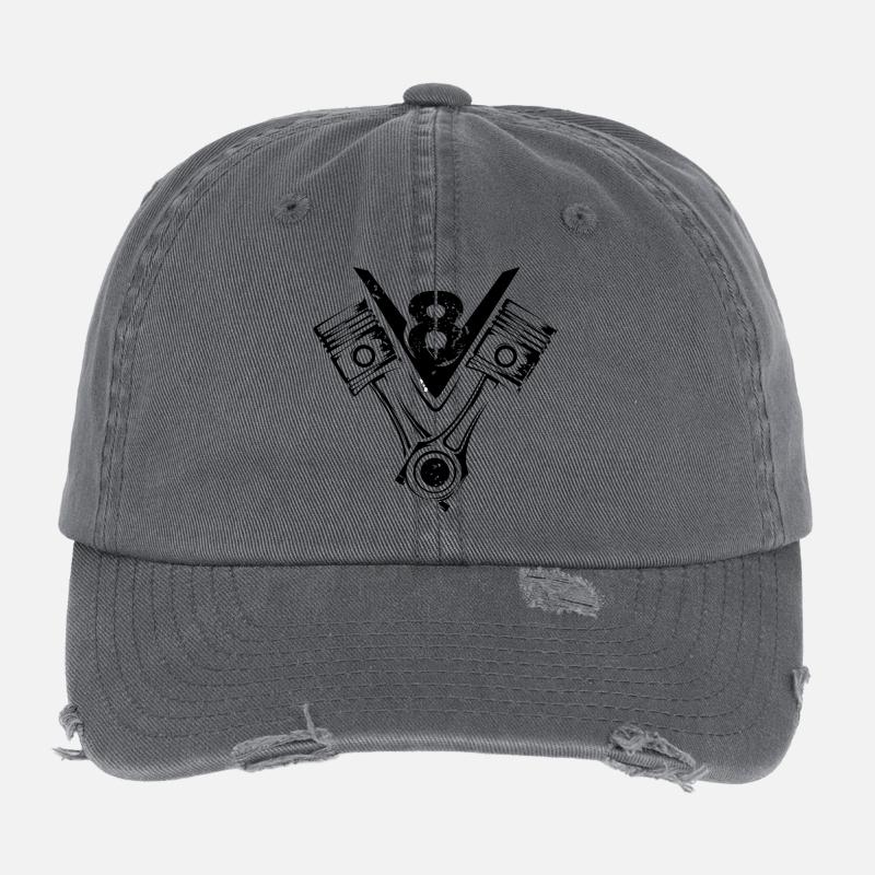 V8 piston musclecar big block car engine symbol Flexfit Vintage Destroyed Cap