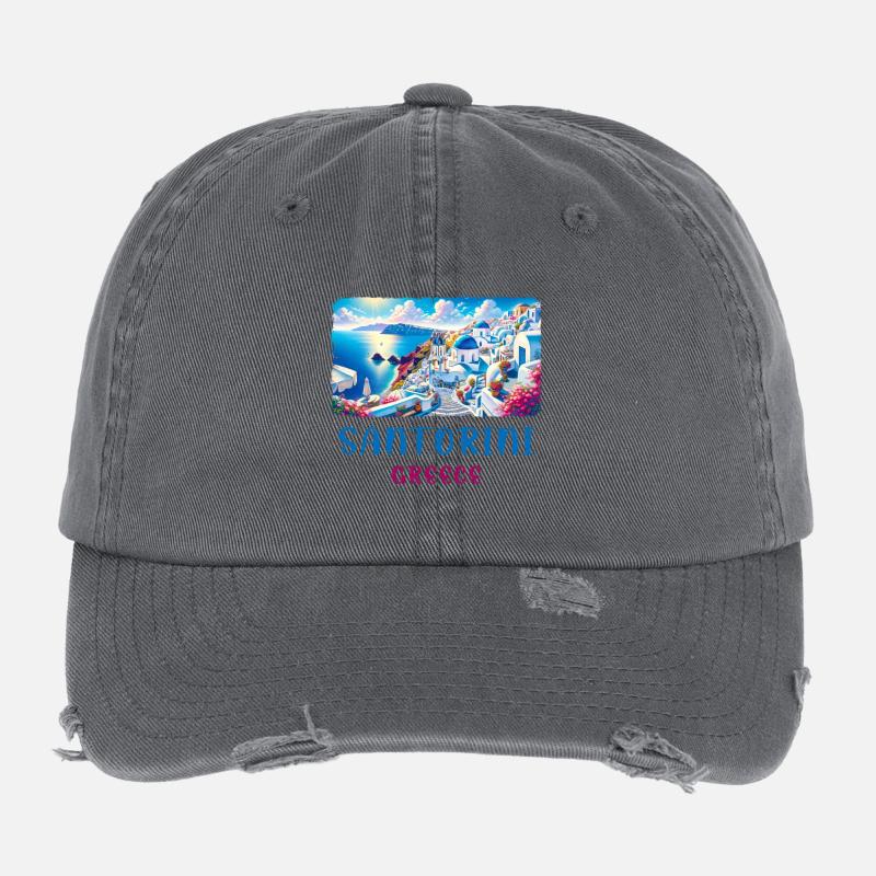 Santorini Greece ocean vacation trips Flexfit Vintage Destroyed Cap