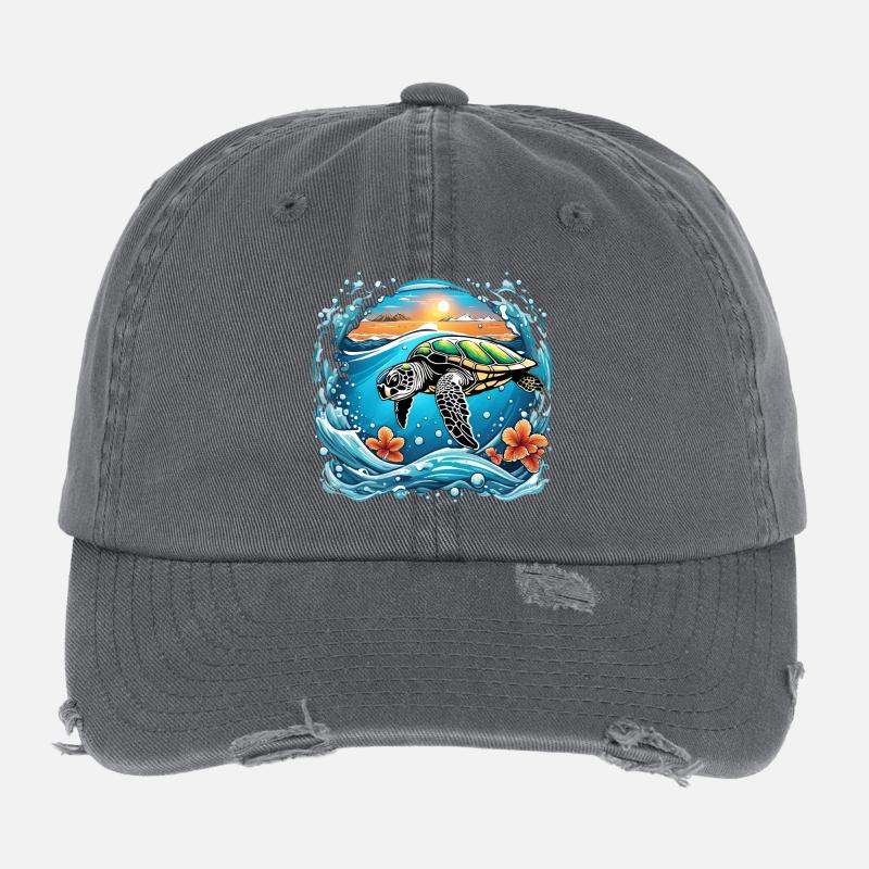 Sunset turtle by the sea Flexfit Vintage Destroyed Cap