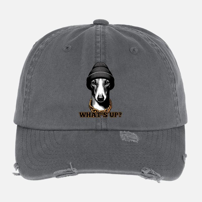 Windhund Was geht ab? Hund Geschenk Flexfit Vintage Destroyed Cap