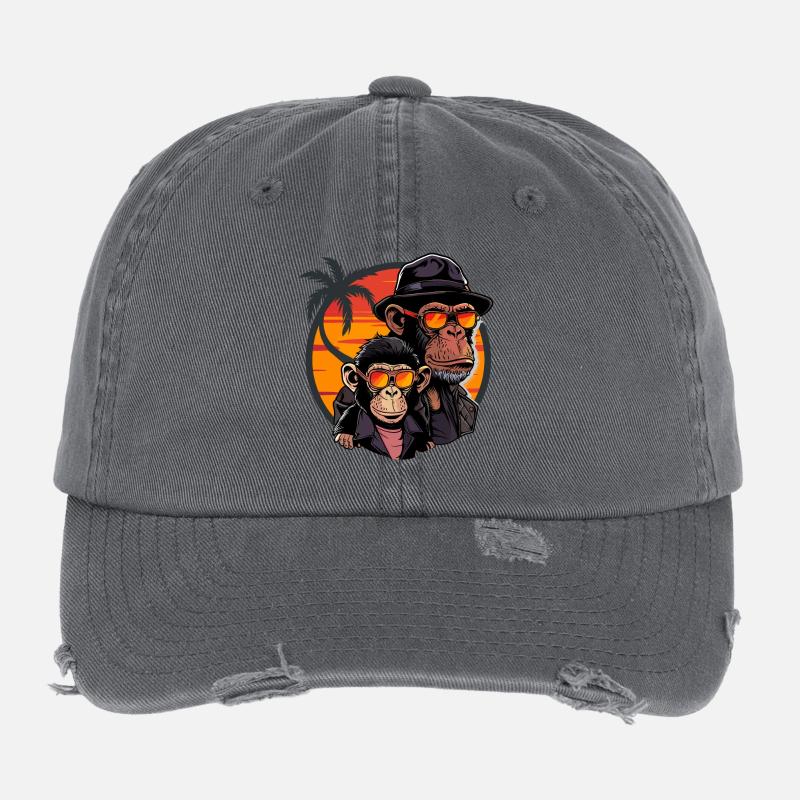 Monkey Dad Son Monkey Chimpanzee Animal Vintage Flexfit Vintage Destroyed Cap
