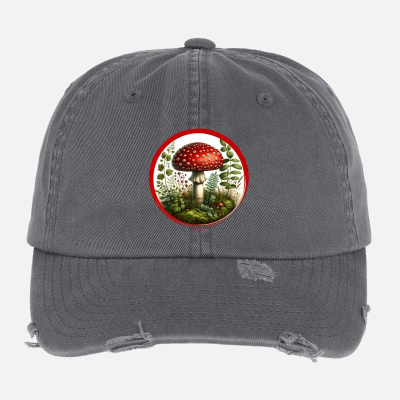 Detailed red toadstool on forest floor Flexfit Vintage Destroyed Cap