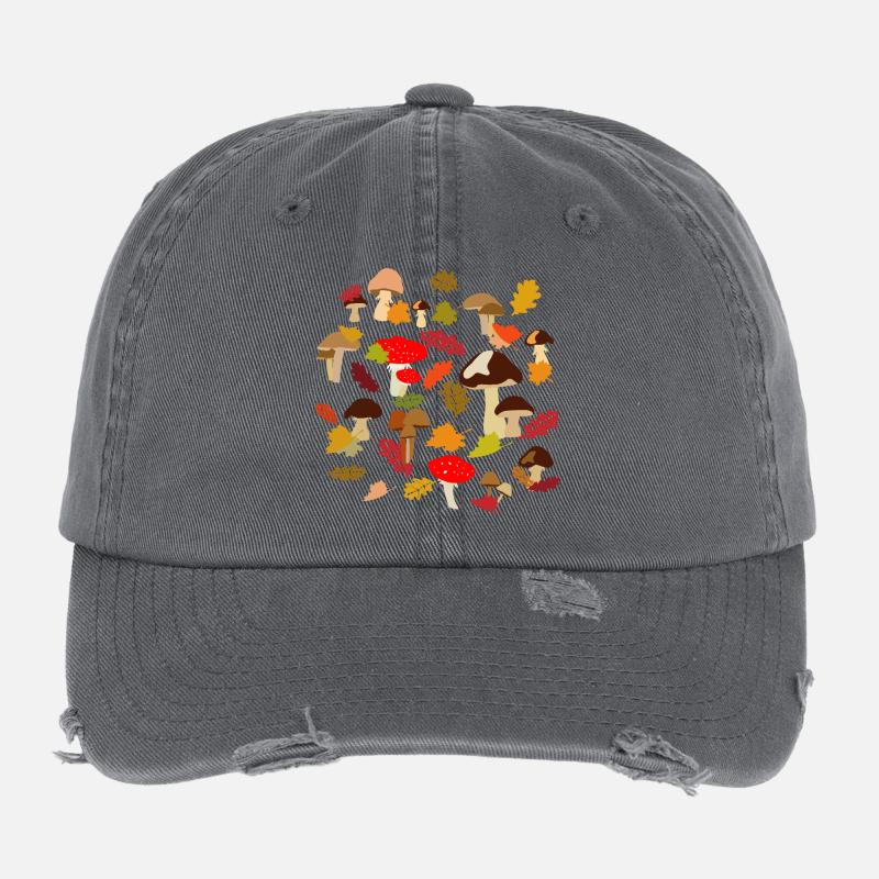 Autumn Forest Mushroom Pattern Flexfit Vintage Destroyed Cap