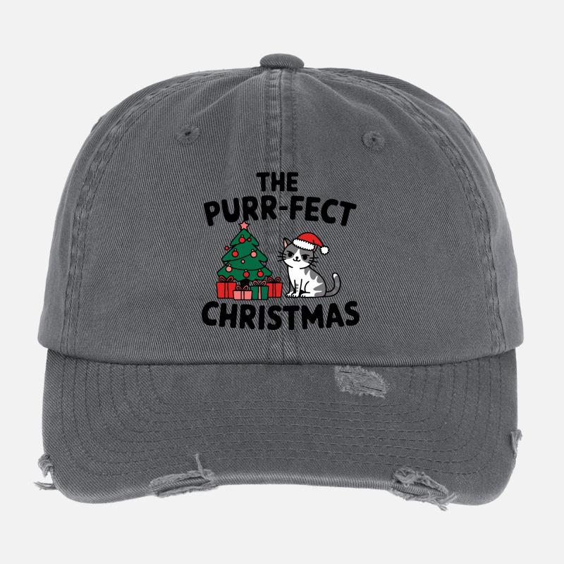 Festive Cat with Christmas Tree Flexfit Vintage Destroyed Cap